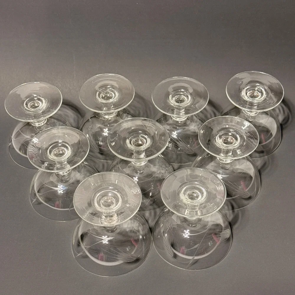 Vintage Etched Wheat Glass Champagne Coupe Sherbet Glasses Set of 9 Clear MCM